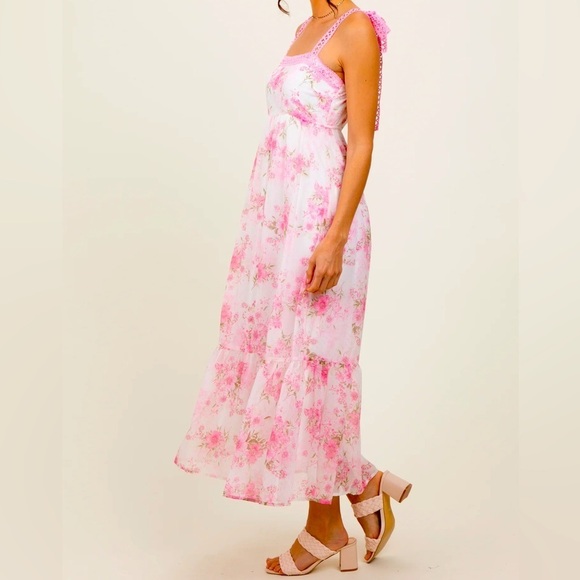By The River Dresses & Skirts - By the River Pink Floral Dress Size L - Crochet Straps & Tiered Skirt